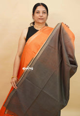 Orange with Dark Olive Green - Sithara - Semi Tussar saree Golden zari Checks in body with Contrast Pallu and blouse
